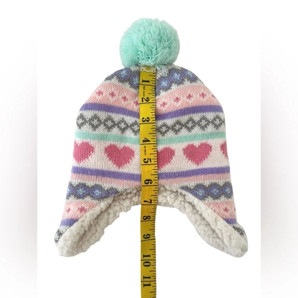 Addie & Tate Cozy Heart Patterned Pink & Mint Pom-Pom Hat | Toddler Girls